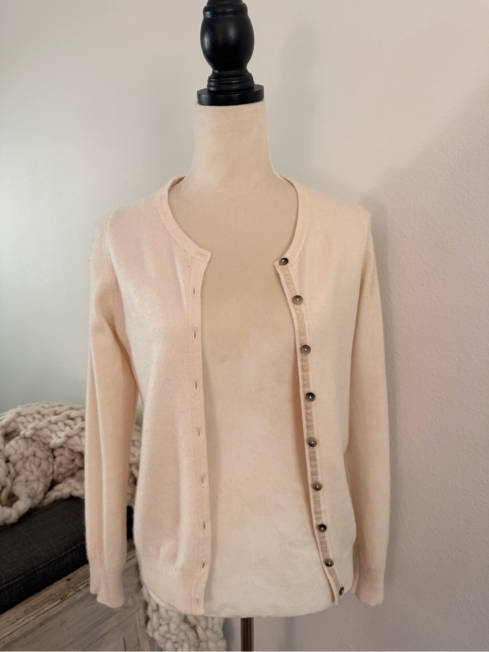 Boden Cream Button-Front Cashmere Crewneck Cardigan